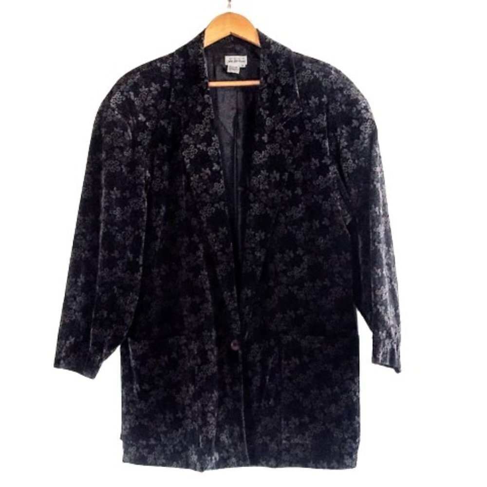 Vintage Saks Fifth Avenue Cotton Velvet Black Tan Floral Blazer